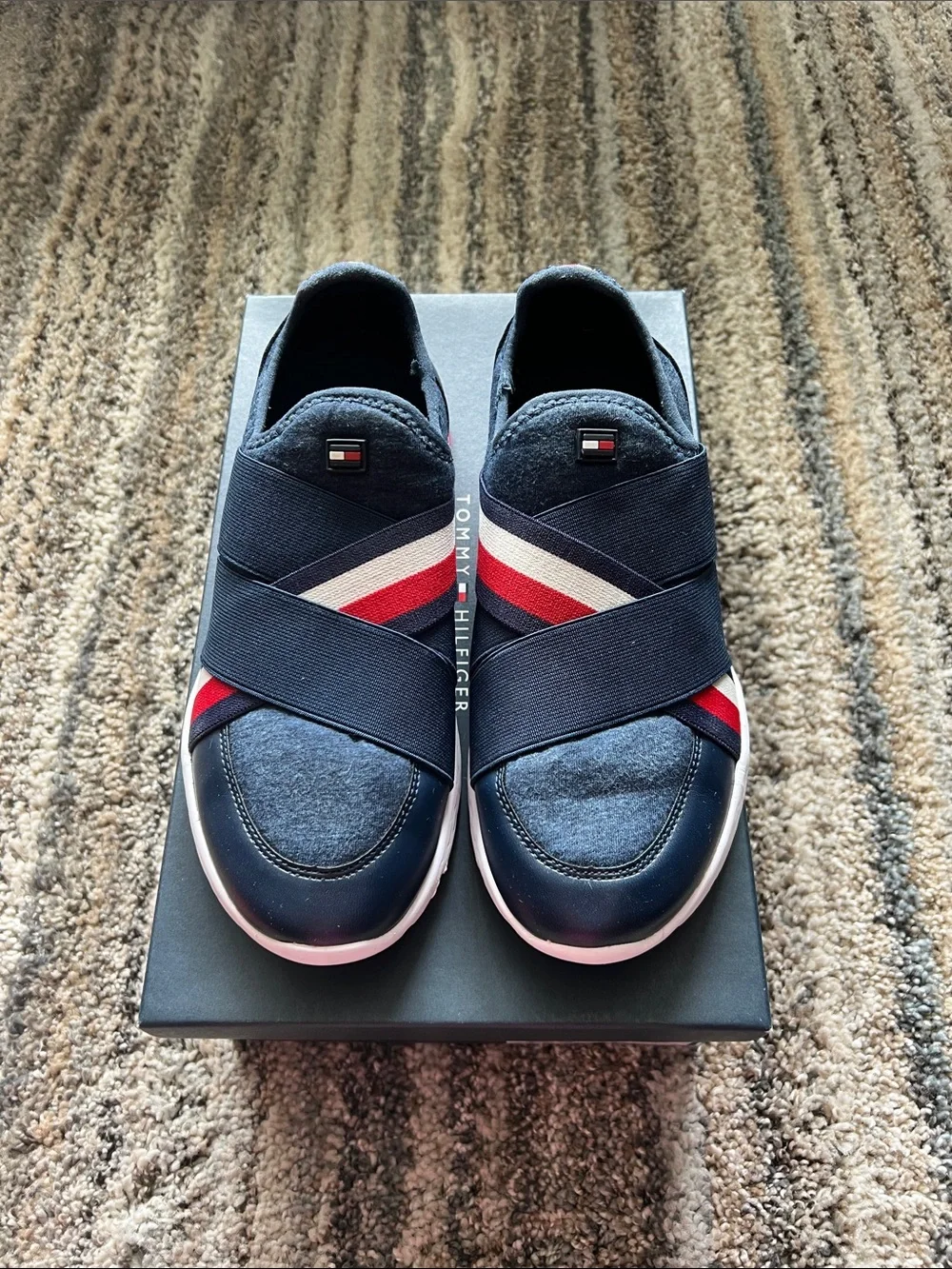 Tommy Hilfiger Navy Slip-On Sneakers with Red & White Stripes